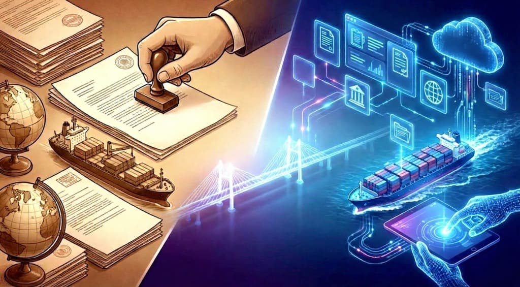 Conceptual illustration showing evolution from traditional to digital trade documentation: left side with sepia-toned paper documents, hand stamping papers, and cargo ship representing traditional processes; right side with glowing blue digital interfaces, network icons, and digital cargo ship; connected by a glowing bridge symbolizing the transition to digital trade