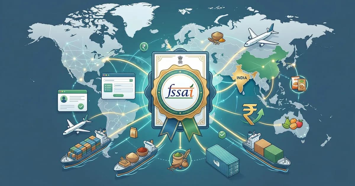 Illustration of an FSSAI certificate with ships, planes, and world trade routes for Indian food exports