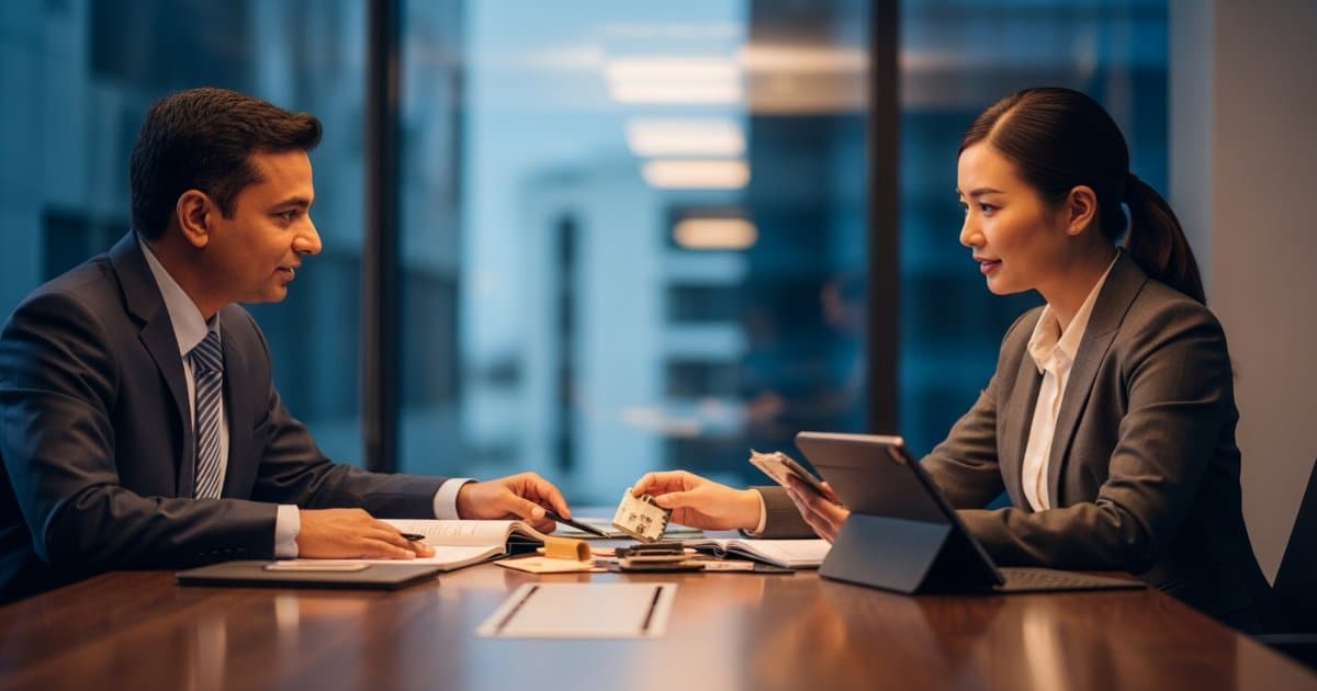 An Indian buyer and an overseas factory representative review product samples and documents across a meeting table