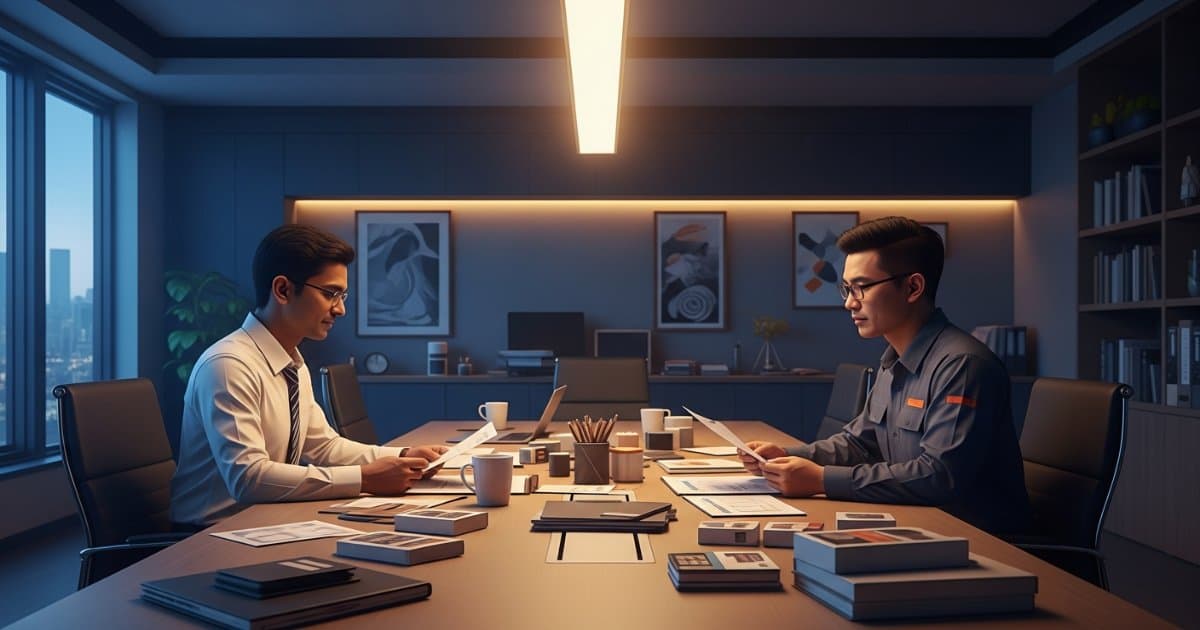 Indian MSME negotiating trade deal with Chinese supplier showing documents and product samples