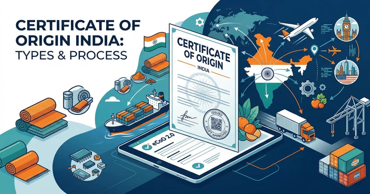 Illustration of India's Certificate of Origin process with eCoO 2.0, trade routes, and export logistics