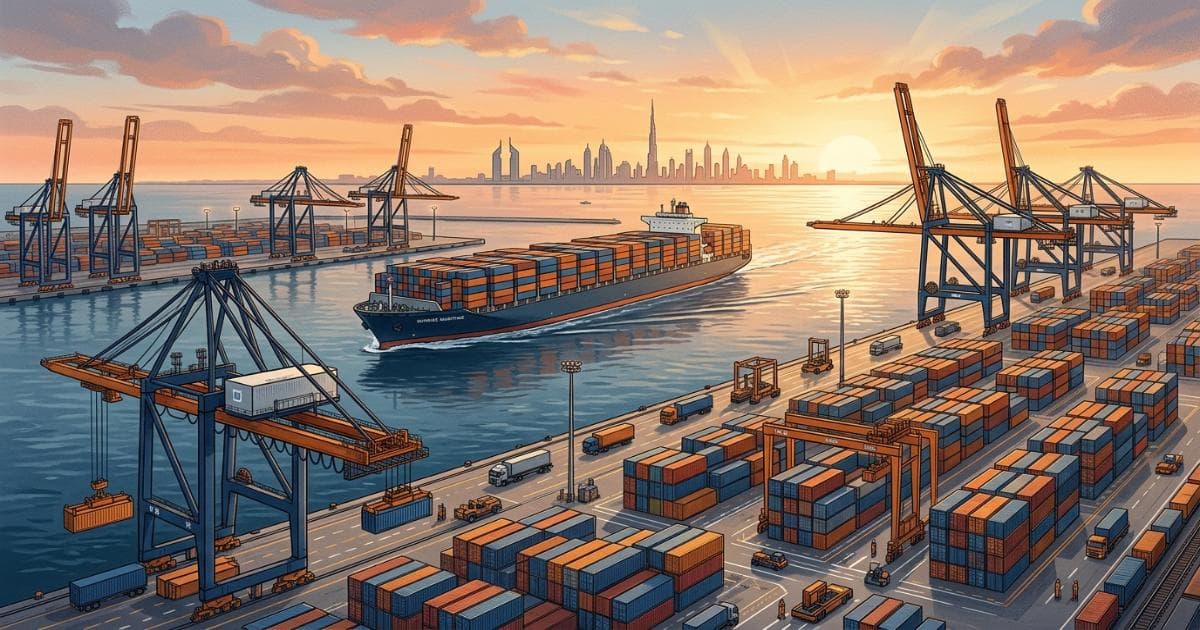 Illustration of Indian export cargo and trade routes between India and the UAE under the CEPA trade agreement